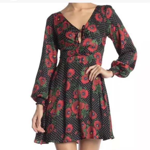 Free People Womens Sz 2 Morning Light Black Red White Polka Dot Floral Dress - Picture 2 of 12